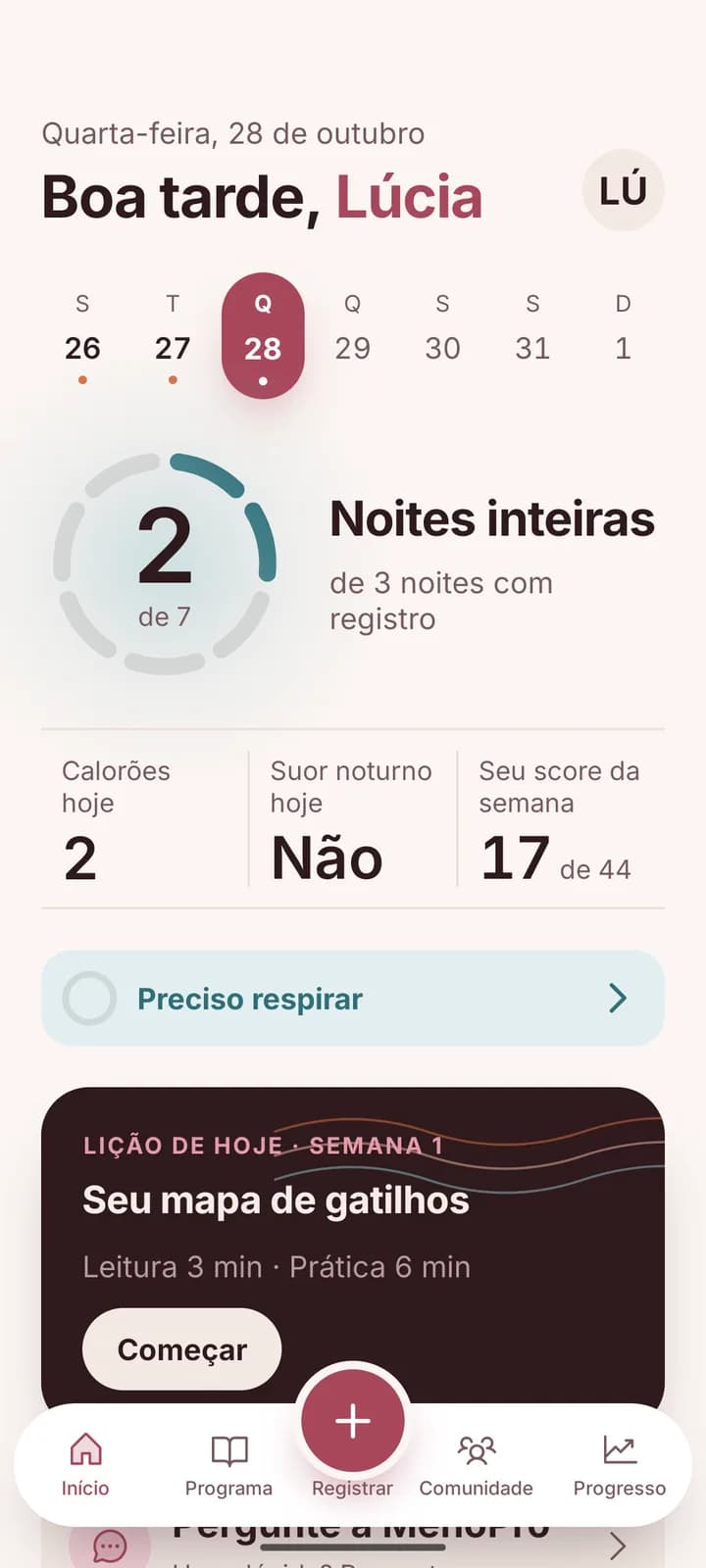 Tela inicial do app MenoPro com noites inteiras e calorões do dia